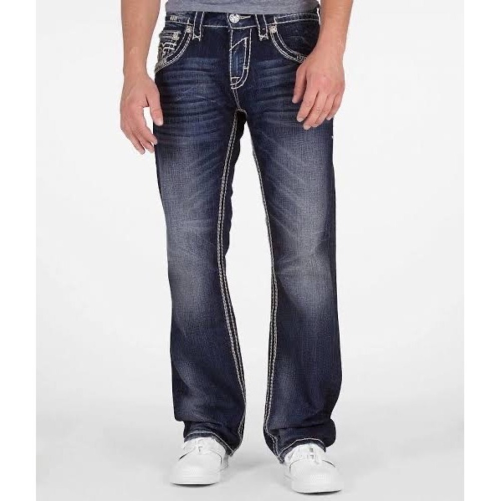 Rock Revival Sean Straight Leg Jeans Dark Wash Contrast Stitch Fleur De Lis 32